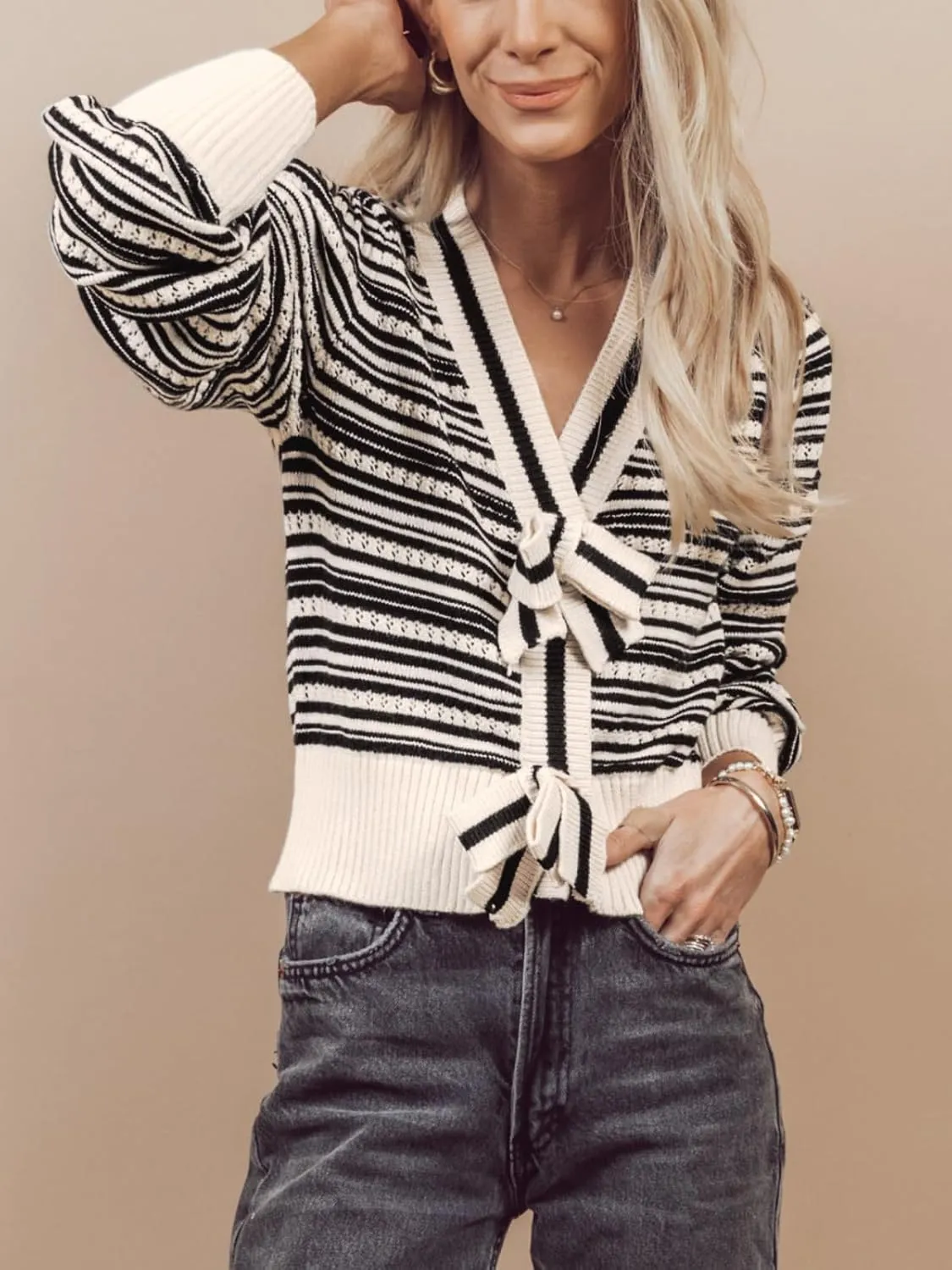 Hacikis Womens Striped Bow Cardigan V Neck Long Sleeve Ribbed Knit Cute Color Block Cropped Y2k Pullover Sweaters