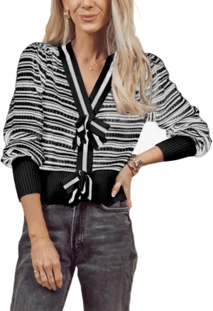 Hacikis Womens Striped Bow Cardigan V Neck Long Sleeve Ribbed Knit Cute Color Block Cropped Y2k Pullover Sweaters