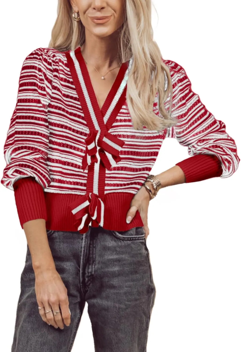 Hacikis Womens Striped Bow Cardigan V Neck Long Sleeve Ribbed Knit Cute Color Block Cropped Y2k Pullover Sweaters