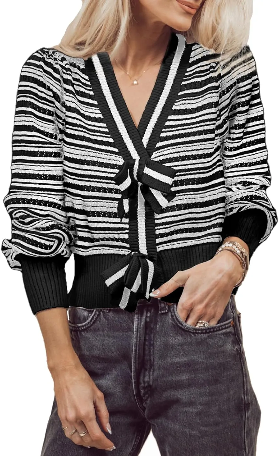 Hacikis Womens Striped Bow Cardigan V Neck Long Sleeve Ribbed Knit Cute Color Block Cropped Y2k Pullover Sweaters