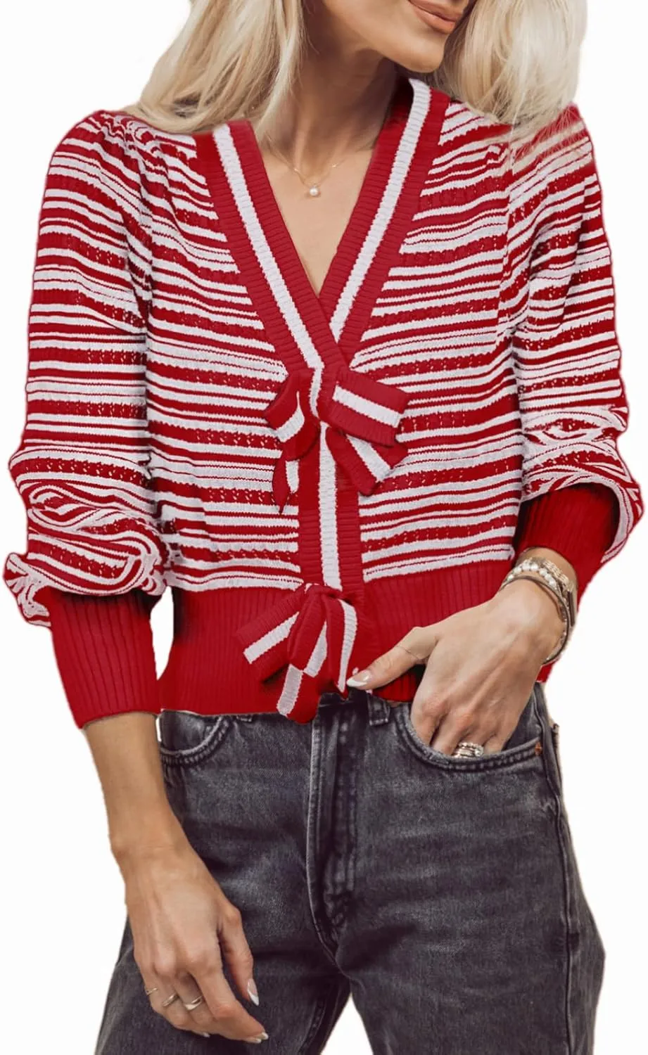 Hacikis Womens Striped Bow Cardigan V Neck Long Sleeve Ribbed Knit Cute Color Block Cropped Y2k Pullover Sweaters