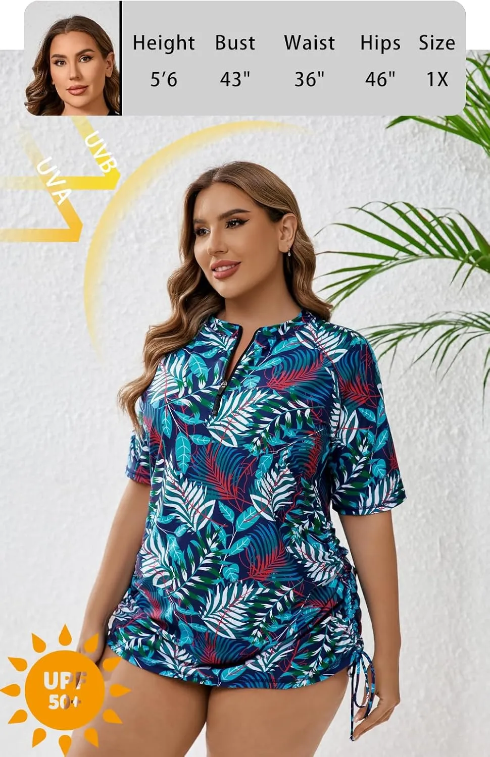 Halcurt Women's Plus Size Half Zip Short Sleeve Rash Guard Swim Top Drawstring Swim Shirt UPF50  Swimsuit