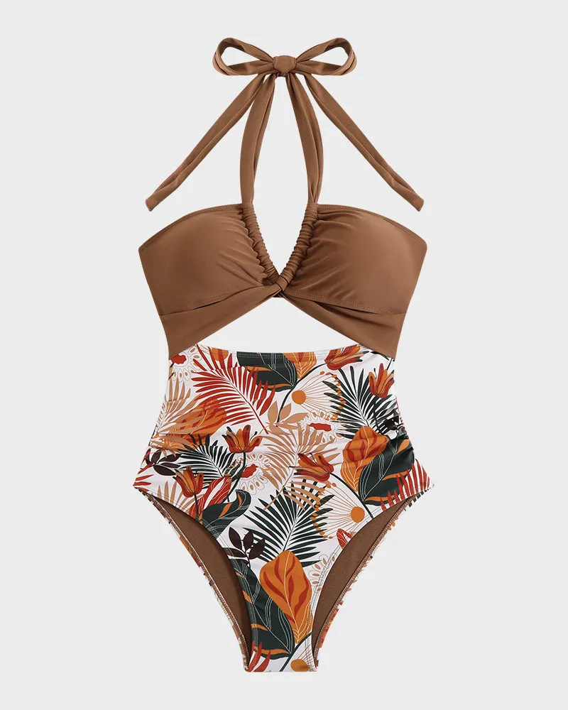 Halter Neck Cut-Out Ruched One-Piece Swimsuit