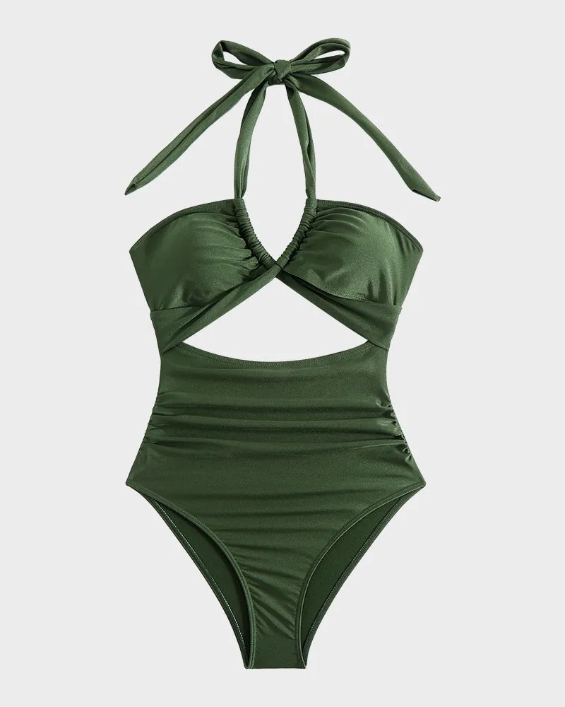 Halter Neck Cut-Out Ruched One-Piece Swimsuit