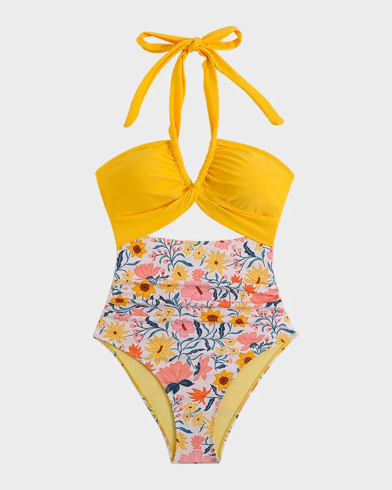 Halter Neck Cut-Out Ruched One-Piece Swimsuit