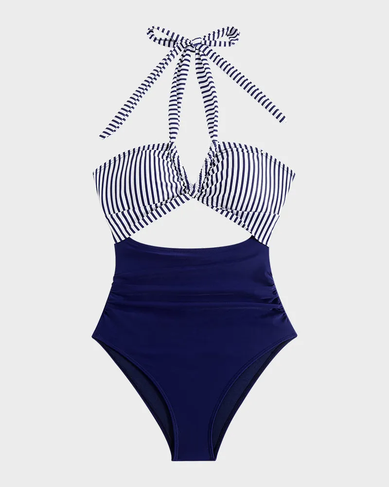 Halter Neck Cut-Out Ruched One-Piece Swimsuit