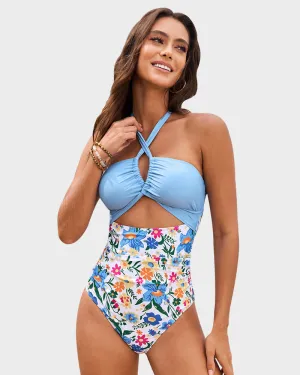 Halter Neck Cut-Out Ruched One-Piece Swimsuit