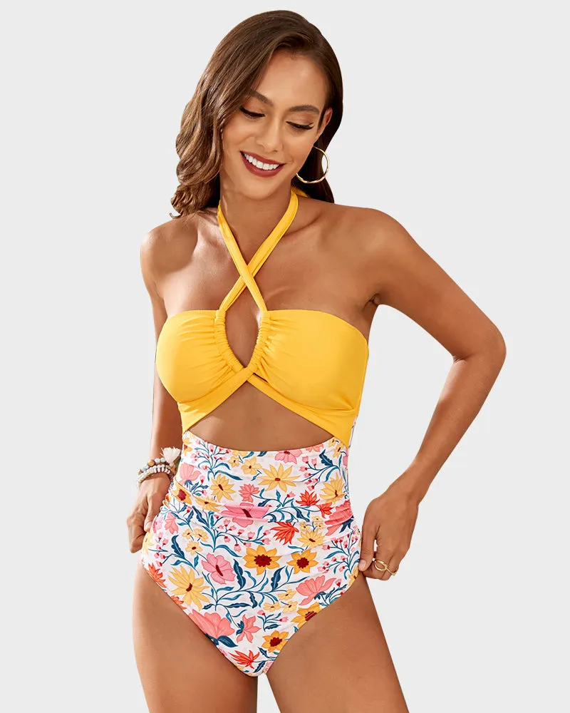Halter Neck Cut-Out Ruched One-Piece Swimsuit