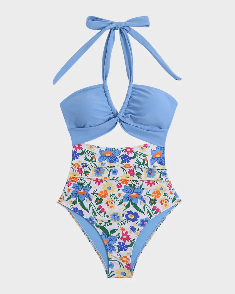 Halter Neck Cut-Out Ruched One-Piece Swimsuit