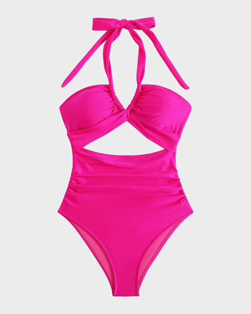 Halter Neck Cut-Out Ruched One-Piece Swimsuit