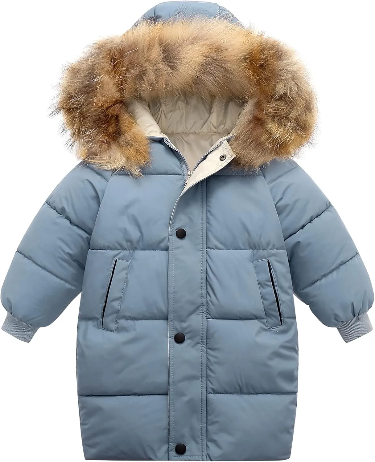 Happy Cherry Kids Boys Girls Fur Hooded Coat Zip Up Winter Warm Long Down Jacket Windproof Snowsuit Outerwear
