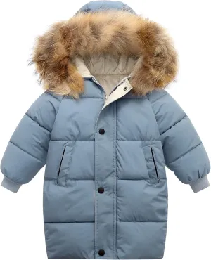 Happy Cherry Kids Boys Girls Fur Hooded Coat Zip Up Winter Warm Long Down Jacket Windproof Snowsuit Outerwear