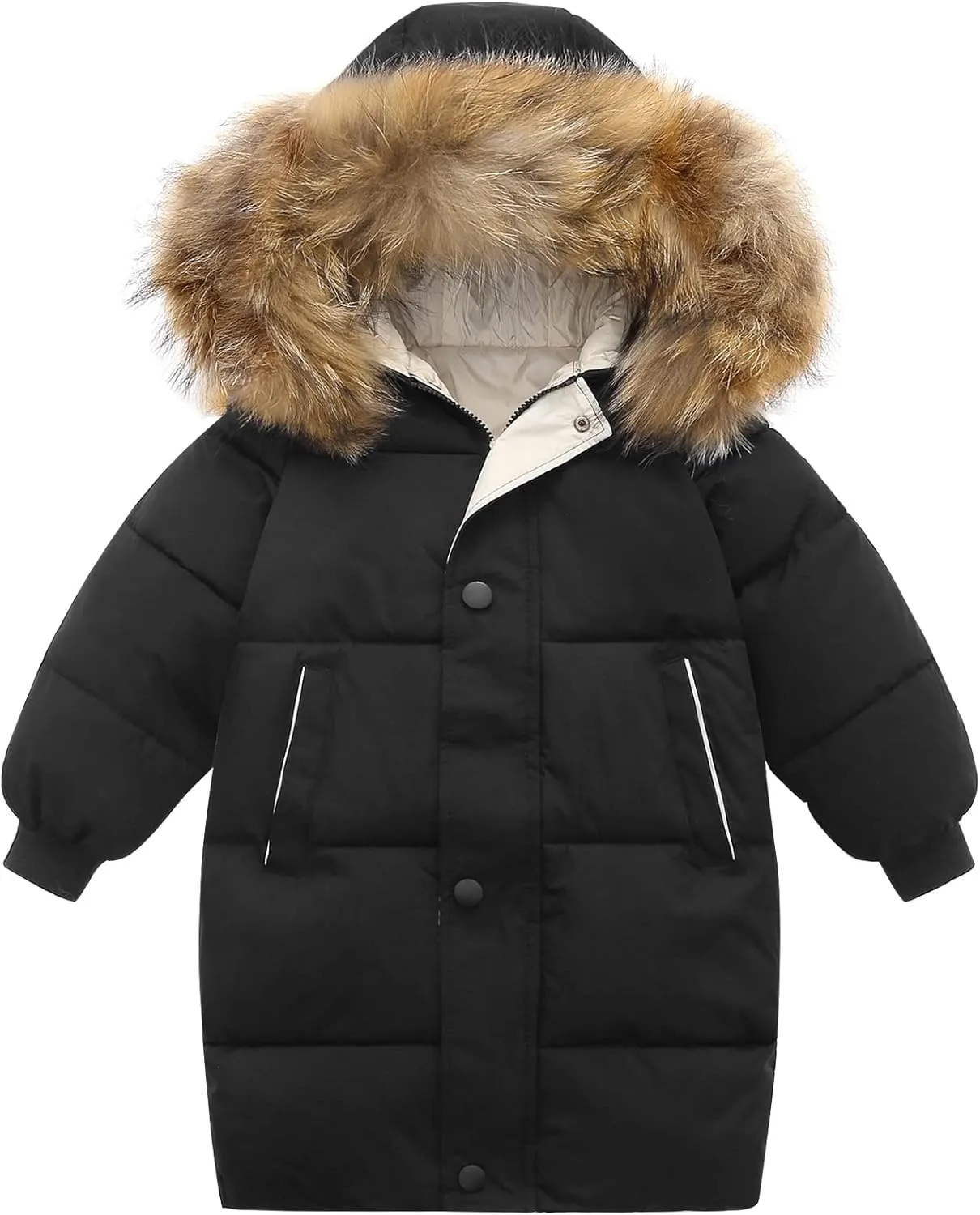 Happy Cherry Kids Boys Girls Fur Hooded Coat Zip Up Winter Warm Long Down Jacket Windproof Snowsuit Outerwear