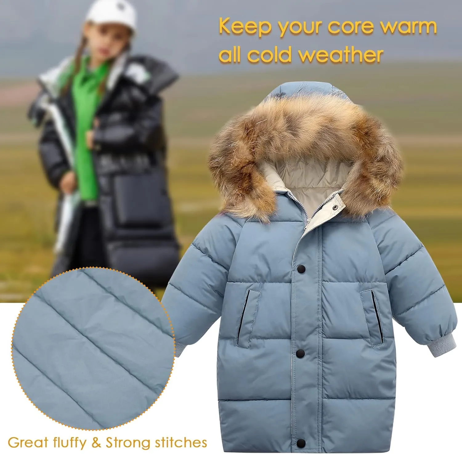 Happy Cherry Kids Boys Girls Fur Hooded Coat Zip Up Winter Warm Long Down Jacket Windproof Snowsuit Outerwear
