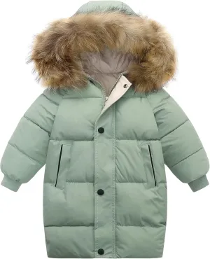 Happy Cherry Kids Boys Girls Fur Hooded Coat Zip Up Winter Warm Long Down Jacket Windproof Snowsuit Outerwear