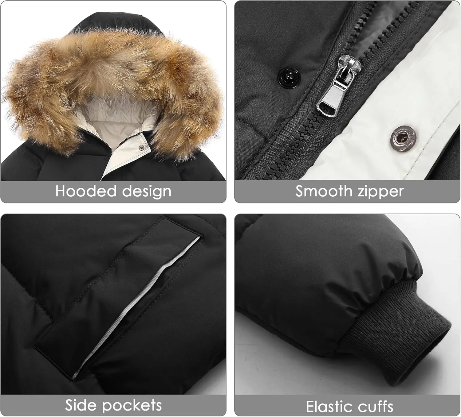 Happy Cherry Kids Boys Girls Fur Hooded Coat Zip Up Winter Warm Long Down Jacket Windproof Snowsuit Outerwear