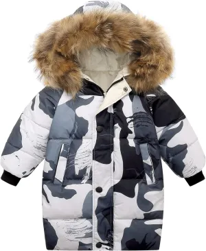 Happy Cherry Kids Boys Girls Fur Hooded Coat Zip Up Winter Warm Long Down Jacket Windproof Snowsuit Outerwear