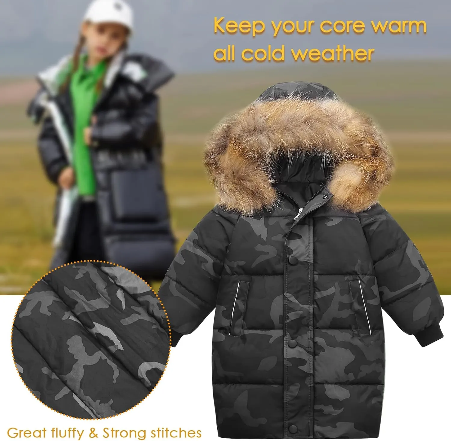 Happy Cherry Kids Boys Girls Fur Hooded Coat Zip Up Winter Warm Long Down Jacket Windproof Snowsuit Outerwear