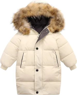 Happy Cherry Kids Boys Girls Fur Hooded Coat Zip Up Winter Warm Long Down Jacket Windproof Snowsuit Outerwear