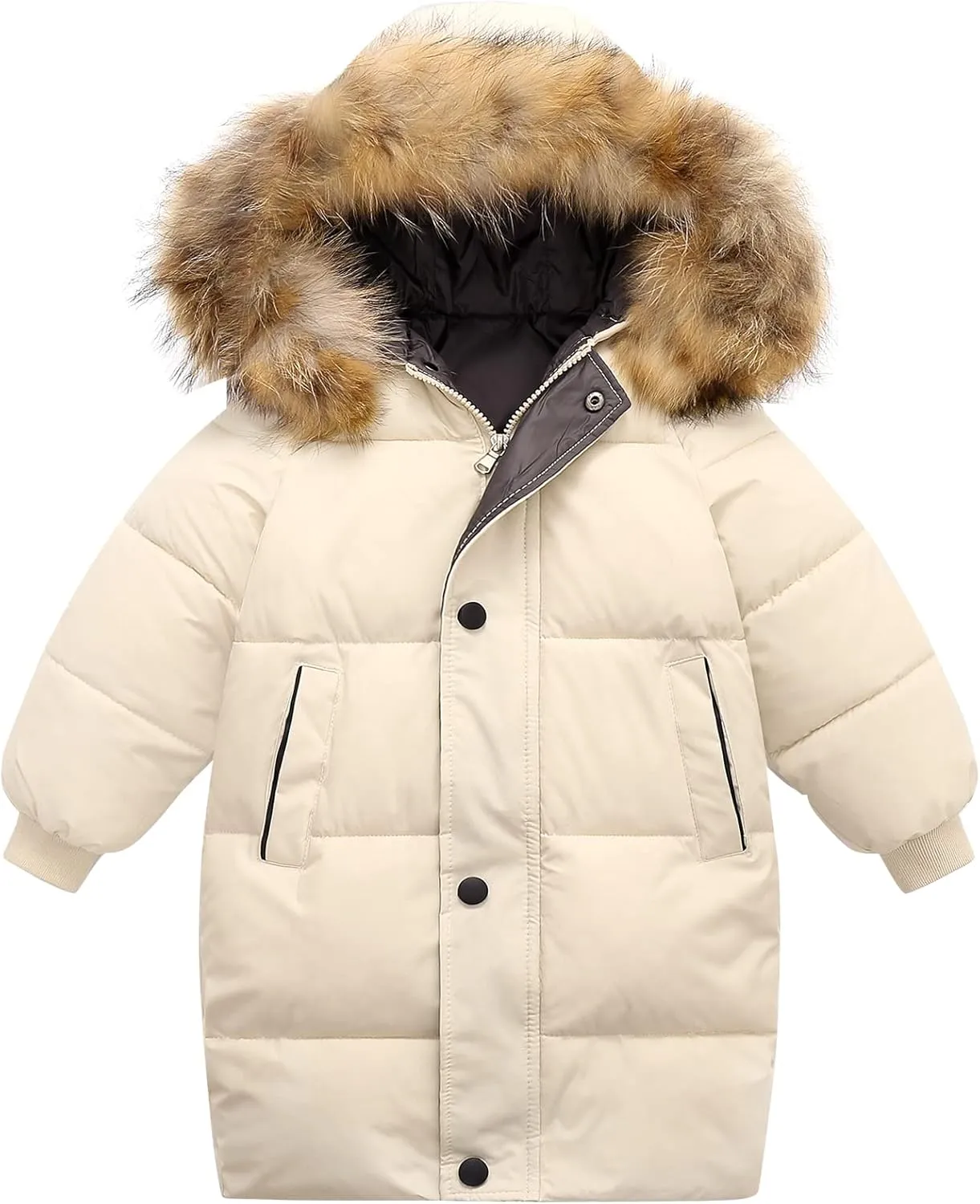 Happy Cherry Kids Boys Girls Fur Hooded Coat Zip Up Winter Warm Long Down Jacket Windproof Snowsuit Outerwear
