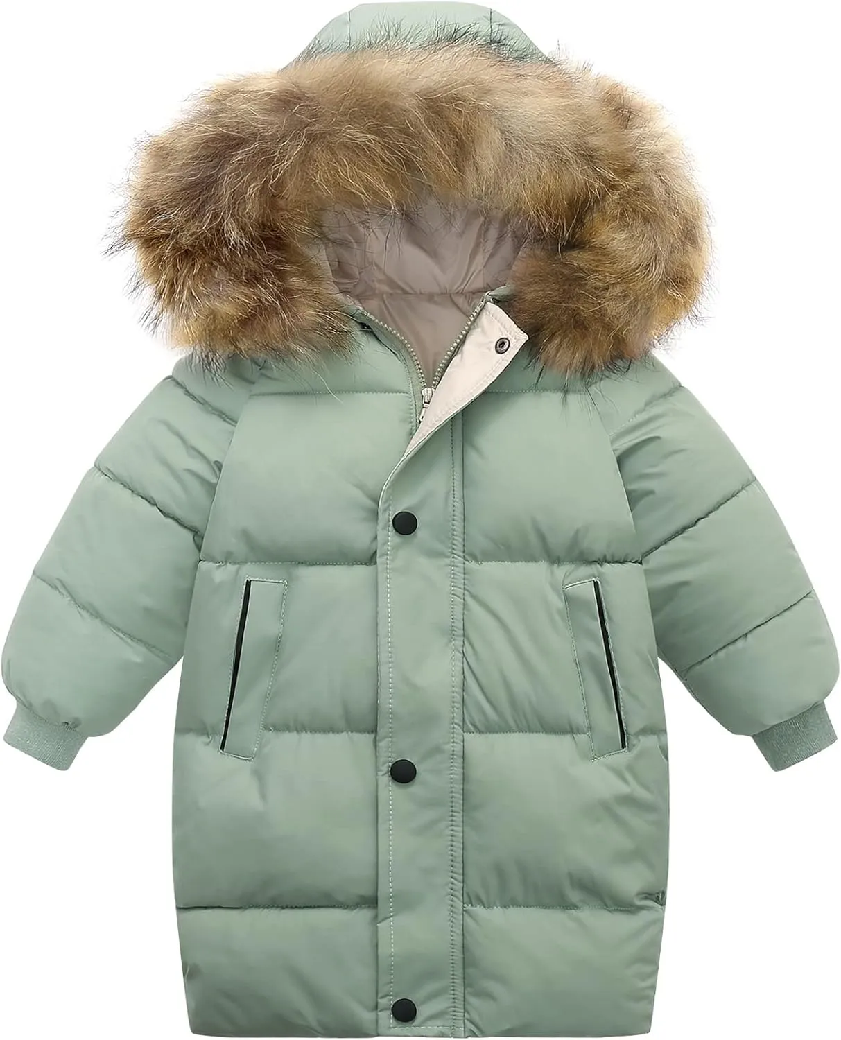 Happy Cherry Kids Boys Girls Fur Hooded Coat Zip Up Winter Warm Long Down Jacket Windproof Snowsuit Outerwear