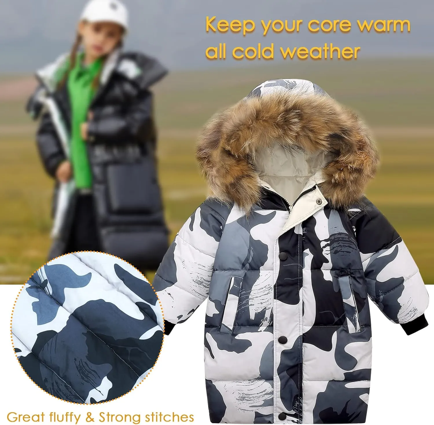 Happy Cherry Kids Boys Girls Fur Hooded Coat Zip Up Winter Warm Long Down Jacket Windproof Snowsuit Outerwear