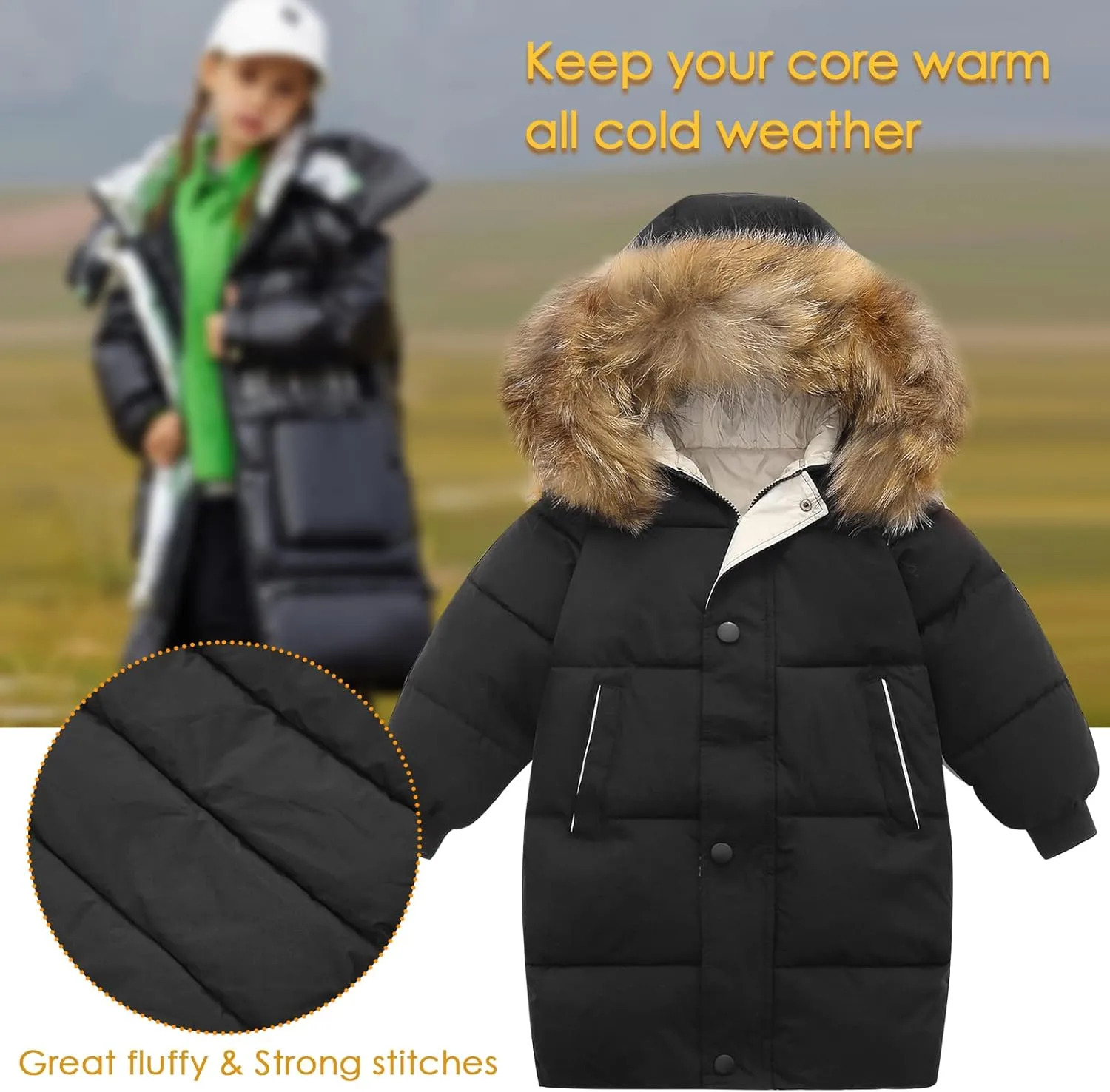 Happy Cherry Kids Boys Girls Fur Hooded Coat Zip Up Winter Warm Long Down Jacket Windproof Snowsuit Outerwear