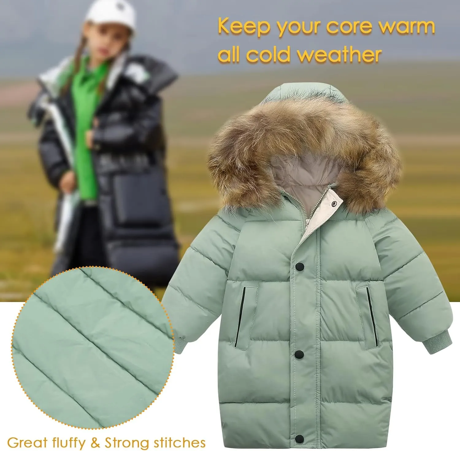Happy Cherry Kids Boys Girls Fur Hooded Coat Zip Up Winter Warm Long Down Jacket Windproof Snowsuit Outerwear