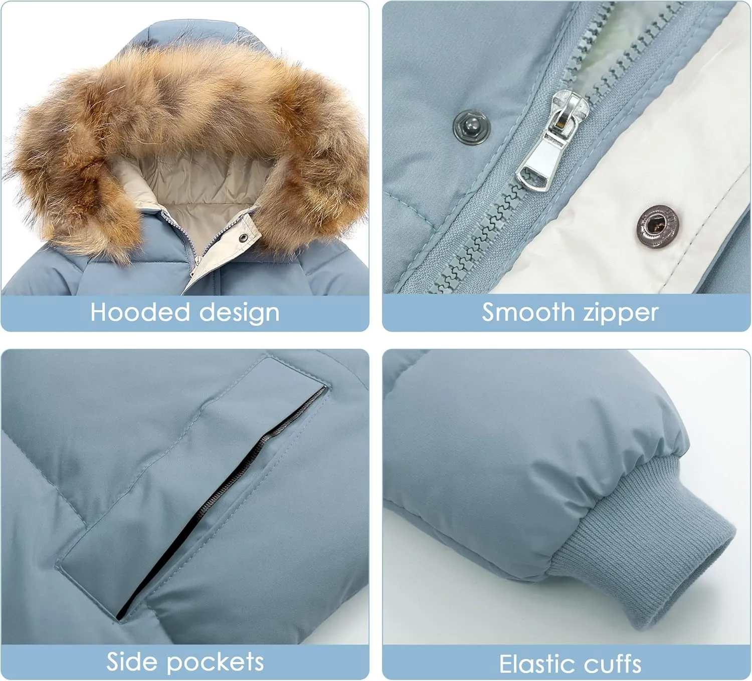 Happy Cherry Kids Boys Girls Fur Hooded Coat Zip Up Winter Warm Long Down Jacket Windproof Snowsuit Outerwear