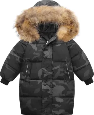 Happy Cherry Kids Boys Girls Fur Hooded Coat Zip Up Winter Warm Long Down Jacket Windproof Snowsuit Outerwear
