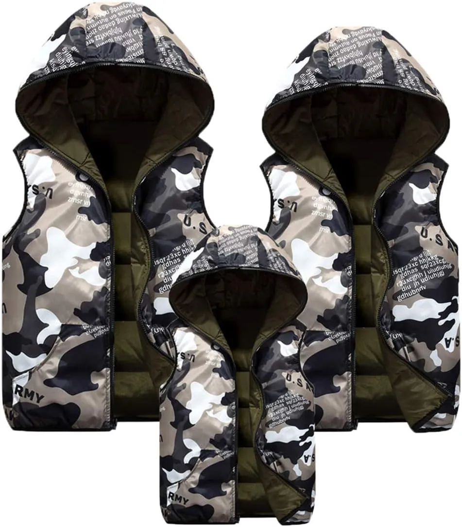 Happy Cherry Kids Winter Hooded Vest Padded Camouflage Reversible Waistcoat Sleevelss Jacket 3-12Y