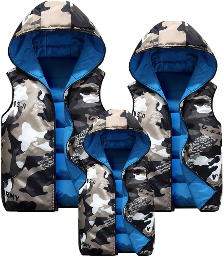Happy Cherry Kids Winter Hooded Vest Padded Camouflage Reversible Waistcoat Sleevelss Jacket 3-12Y