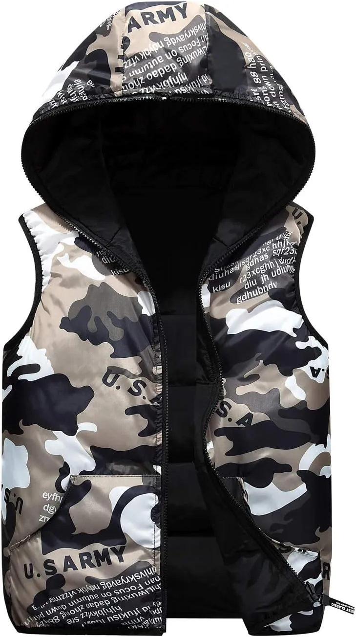 Happy Cherry Kids Winter Hooded Vest Padded Camouflage Reversible Waistcoat Sleevelss Jacket 3-12Y