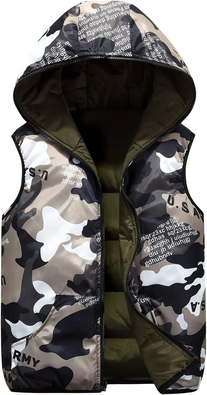 Happy Cherry Kids Winter Hooded Vest Padded Camouflage Reversible Waistcoat Sleevelss Jacket 3-12Y