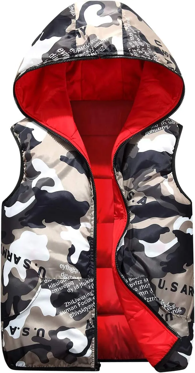 Happy Cherry Kids Winter Hooded Vest Padded Camouflage Reversible Waistcoat Sleevelss Jacket 3-12Y