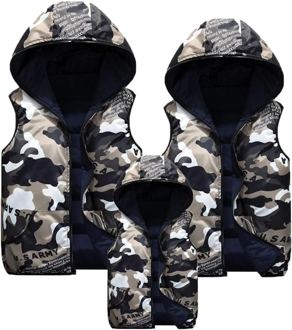 Happy Cherry Kids Winter Hooded Vest Padded Camouflage Reversible Waistcoat Sleevelss Jacket 3-12Y