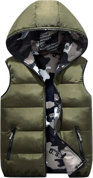 Happy Cherry Kids Winter Hooded Vest Padded Camouflage Reversible Waistcoat Sleevelss Jacket 3-12Y