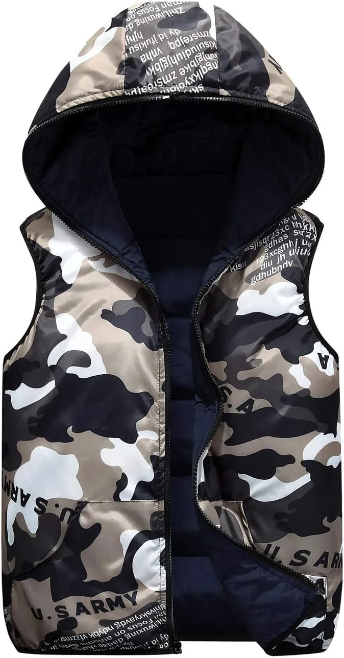 Happy Cherry Kids Winter Hooded Vest Padded Camouflage Reversible Waistcoat Sleevelss Jacket 3-12Y