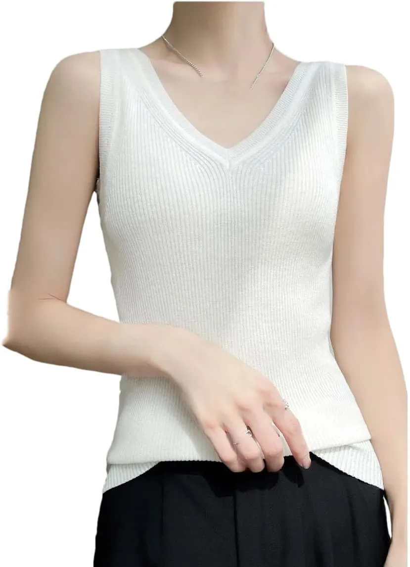 Hgvcfcv Women's V-Neck Slim Vest Camisole Fit Solid Soft Sleeveless Knitted Tank top
