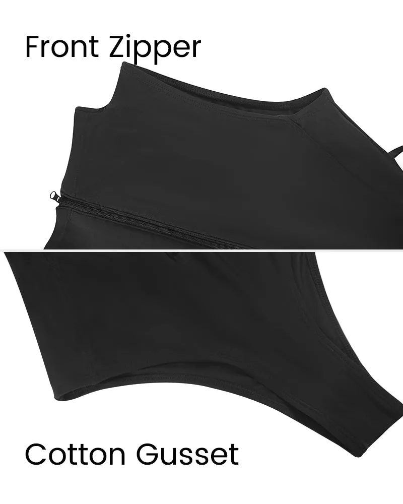 High Neck Zip-Front Sculpting Swimsuit with Lace-Up Back