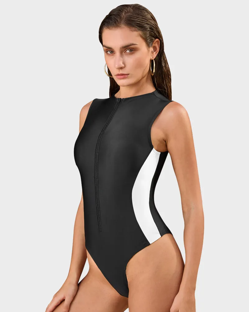 High Neck Zip-Front Sculpting Swimsuit with Lace-Up Back
