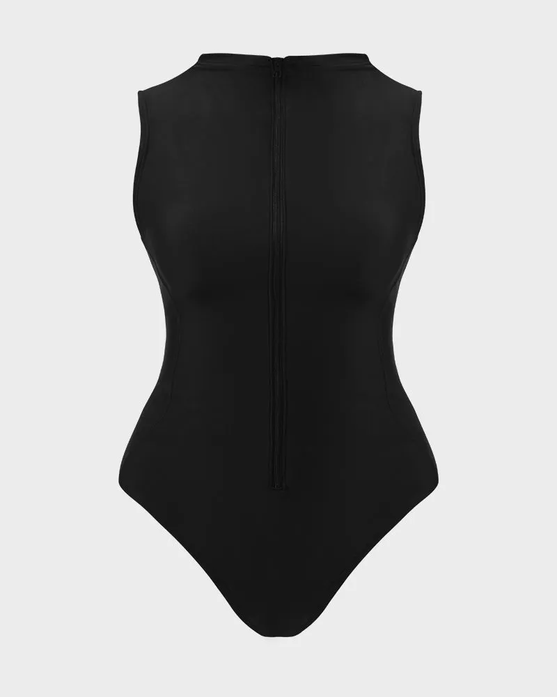 High Neck Zip-Front Sculpting Swimsuit with Lace-Up Back