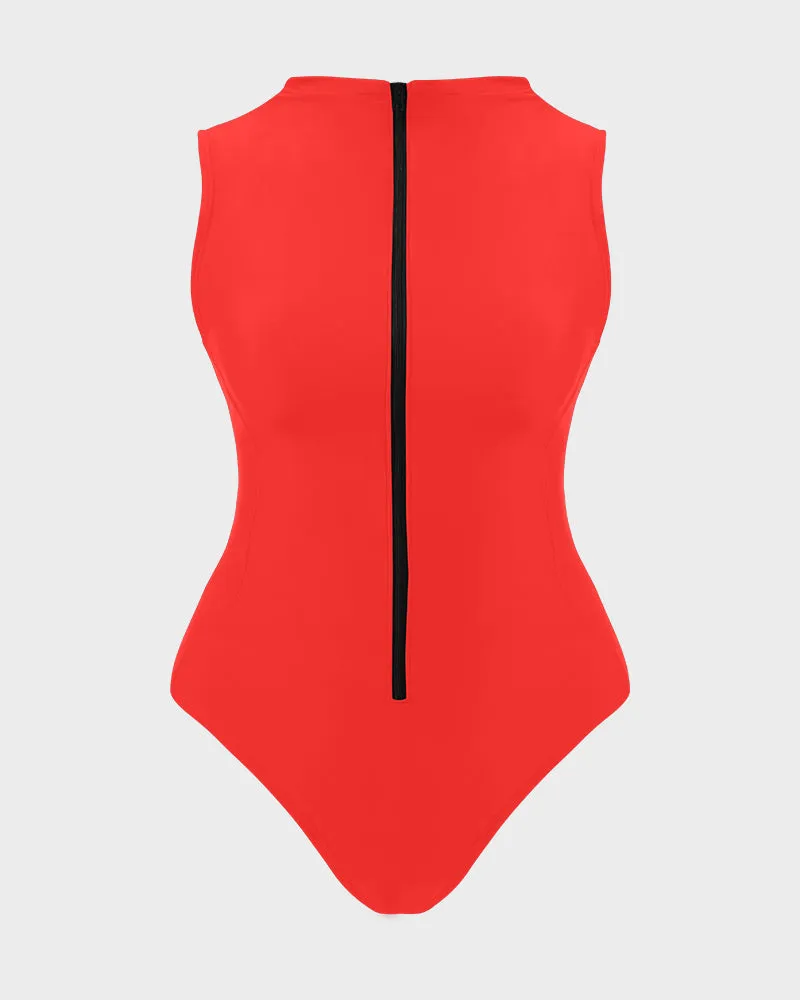 High Neck Zip-Front Sculpting Swimsuit with Lace-Up Back