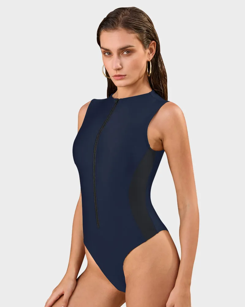 High Neck Zip-Front Sculpting Swimsuit with Lace-Up Back