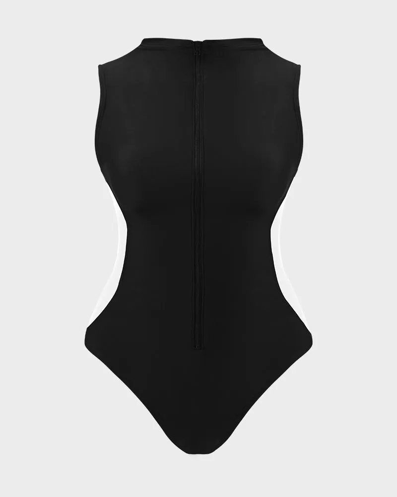 High Neck Zip-Front Sculpting Swimsuit with Lace-Up Back