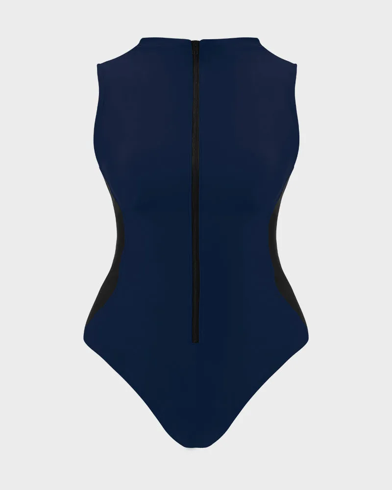 High Neck Zip-Front Sculpting Swimsuit with Lace-Up Back