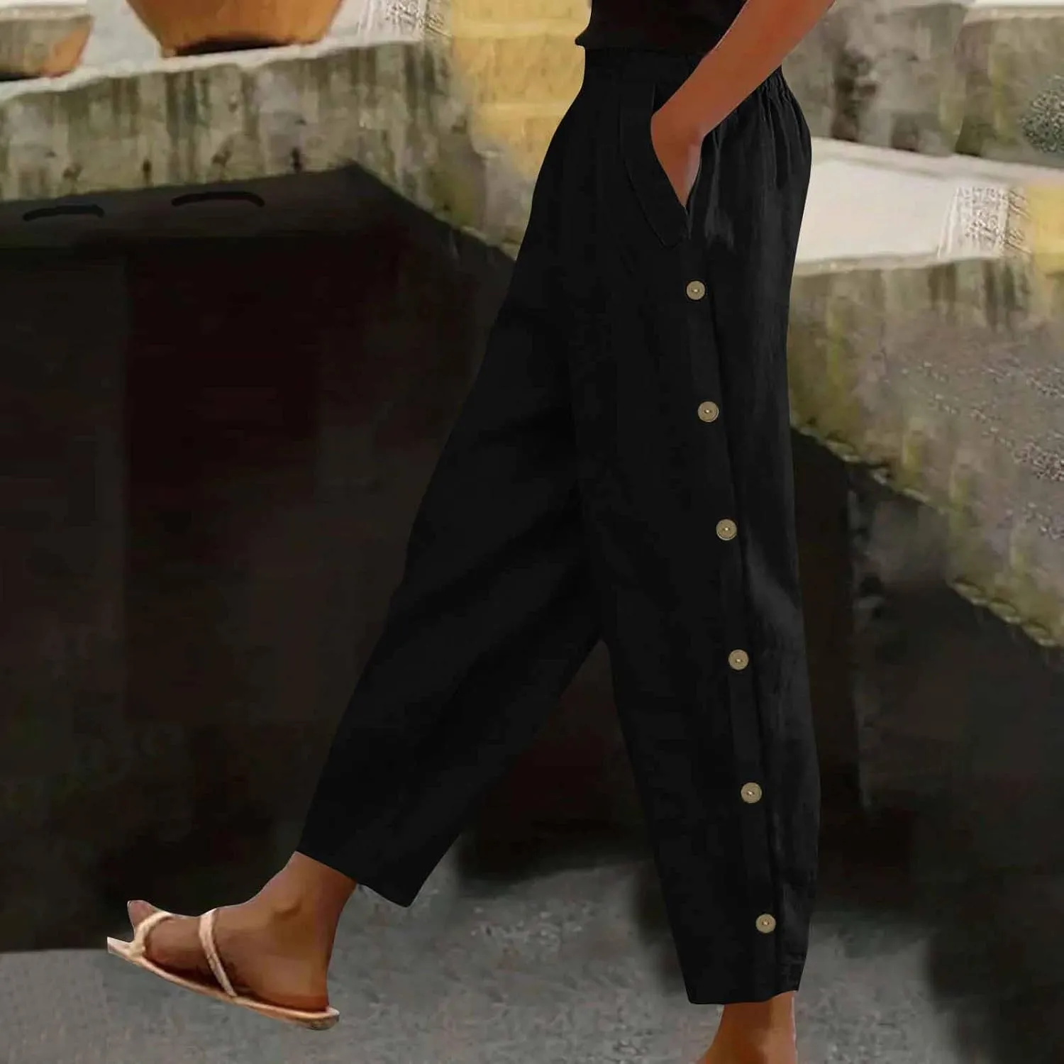 High Waisted Pants for Women Casual Linen Slacks Loose Wide Leg Trousers Side Button Elastic Waist Straight Pants