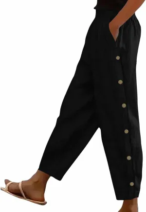 High Waisted Pants for Women Casual Linen Slacks Loose Wide Leg Trousers Side Button Elastic Waist Straight Pants