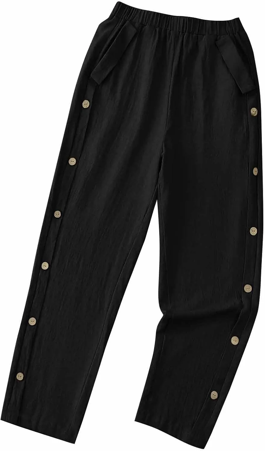 High Waisted Pants for Women Casual Linen Slacks Loose Wide Leg Trousers Side Button Elastic Waist Straight Pants