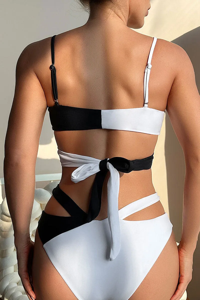 Hit Color Stylish Front Wrap Cutout Bikini
